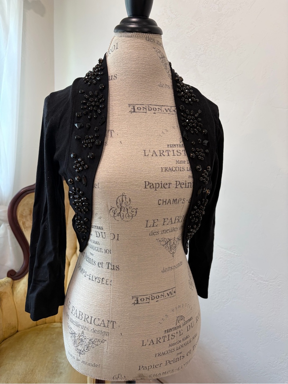 White House Black Market Black Beaded Cropped Bolero Jacket - Picture 2 of 5